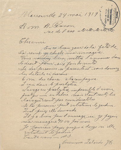 Reproduction d'une lettre de On&eacute;sime Lalonde, pr&ecirc;tre, &agrave; Alexandre Grenon, Marionville (Ontario), 24 mai 1919.