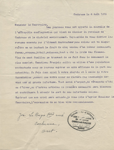 Reproduction d'une lettre de Joseph LaRocque, pr&ecirc;tre cur&eacute; de Cochrane (Ontario), au secr&eacute;taire de l'Association canadienne-fran&ccedil;aise d'&eacute;ducation d'Ontario, 8 ao&ucirc;t 1916.
