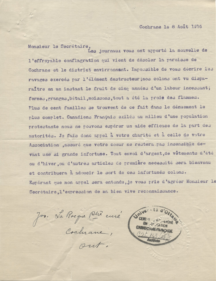Reproduction d'une lettre de Joseph LaRocque, pr&ecirc;tre cur&eacute; de Cochrane (Ontario), au secr&eacute;taire de l'Association canadienne-fran&ccedil;aise d'&eacute;ducation d'Ontario, 8 ao&ucirc;t 1916.