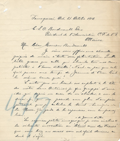 Reproduction de la premi&egrave;re page d'une lettre de Charles-Alfred-Marie Paradis, pr&ecirc;tre missionnaire &agrave; Timigami (Ontario), &agrave; Charles Sim&eacute;on Omer Boudreault, pr&eacute;sident de l'Association canadienne-fran&ccedil;aise d'&eacute;ducation d'Ontario, 21 octobre 1912.
