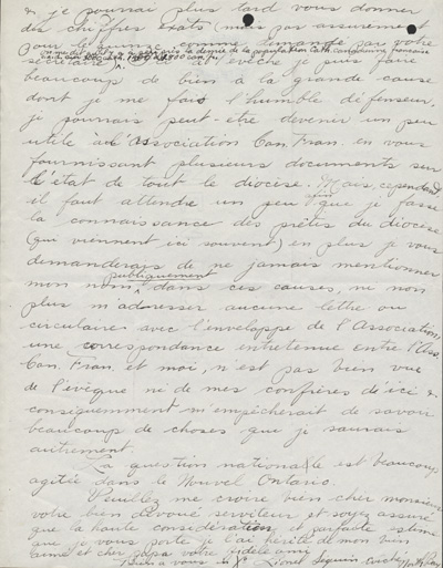 Reproduction de la deuxi&egrave;me page d'une lettre de Lionel S&eacute;guin, pr&ecirc;tre, &agrave; Charles Sim&eacute;on Omer Boudreault de l'Association canadienne-fran&ccedil;aise d'&eacute;ducation d'Ontario, 14 octobre 1912.