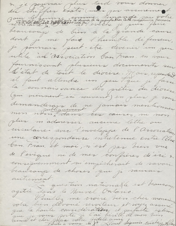 Reproduction de la deuxi&egrave;me page d'une lettre de Lionel S&eacute;guin, pr&ecirc;tre, &agrave; Charles Sim&eacute;on Omer Boudreault de l'Association canadienne-fran&ccedil;aise d'&eacute;ducation d'Ontario, 14 octobre 1912.