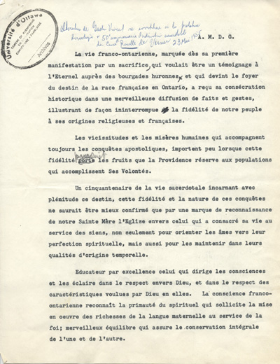 Reproduction de la premi&egrave;re page de l'allocution de Gaston Vincent au 50e anniversaire d'ordination sacerdotale du cur&eacute; Oscar Racette de Verner (Ontario), le 23 mai 1955, 1955.