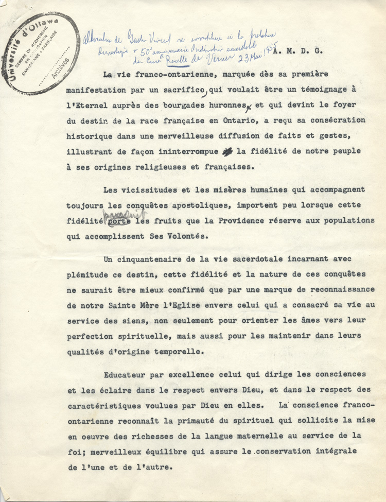 Reproduction de la premi&egrave;re page de l'allocution de Gaston Vincent au 50e anniversaire d'ordination sacerdotale du cur&eacute; Oscar Racette de Verner (Ontario), le 23 mai 1955, 1955.