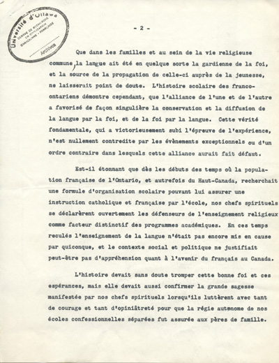 Reproduction de la deuxi&egrave;me page de l'allocution de Gaston Vincent au 50e anniversaire d'ordination sacerdotale du cur&eacute; Oscar Racette de Verner (Ontario), le 23 mai 1955, 1955.