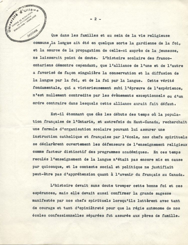 Reproduction de la deuxi&egrave;me page de l'allocution de Gaston Vincent au 50e anniversaire d'ordination sacerdotale du cur&eacute; Oscar Racette de Verner (Ontario), le 23 mai 1955, 1955.
