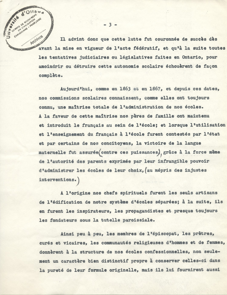 Reproduction de la troisi&egrave;me page de l'allocution de Gaston Vincent au 50e anniversaire d'ordination sacerdotale du cur&eacute; Oscar Racette de Verner (Ontario), le 23 mai 1955, 1955.