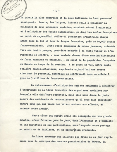 Reproduction de la quatri&egrave;me page de l'allocution de Gaston Vincent au 50e anniversaire d'ordination sacerdotale du cur&eacute; Oscar Racette de Verner (Ontario), le 23 mai 1955, 1955.