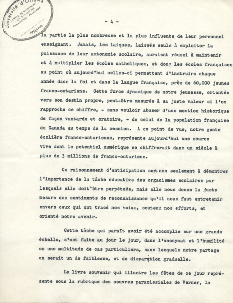 Reproduction de la quatri&egrave;me page de l'allocution de Gaston Vincent au 50e anniversaire d'ordination sacerdotale du cur&eacute; Oscar Racette de Verner (Ontario), le 23 mai 1955, 1955.