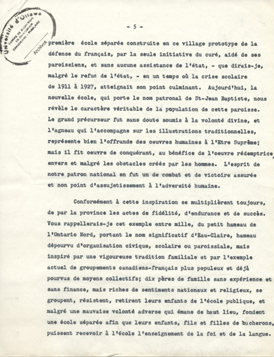 Reproduction de la cinqui&egrave;me page de l'allocution de Gaston Vincent au 50e anniversaire d'ordination sacerdotale du cur&eacute; Oscar Racette de Verner (Ontario), le 23 mai 1955, 1955.