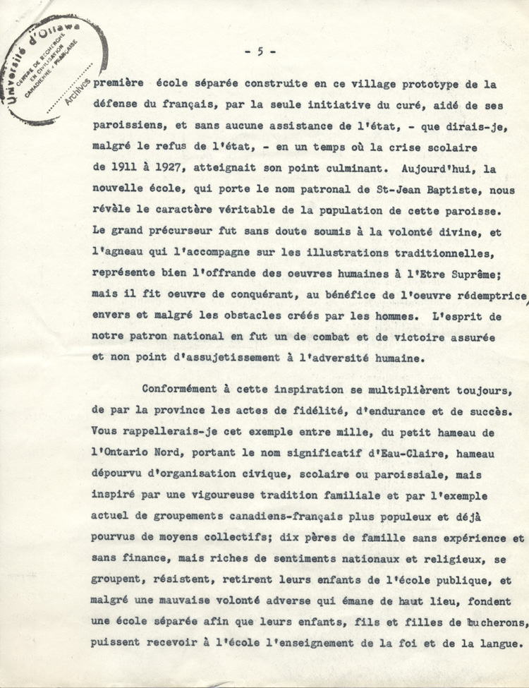 Reproduction de la cinqui&egrave;me page de l'allocution de Gaston Vincent au 50e anniversaire d'ordination sacerdotale du cur&eacute; Oscar Racette de Verner (Ontario), le 23 mai 1955, 1955.