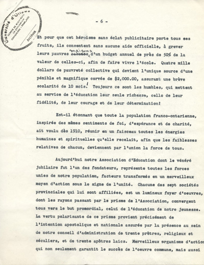 Reproduction de la sixi&egrave;me page de l'allocution de Gaston Vincent au 50e anniversaire d'ordination sacerdotale du cur&eacute; Oscar Racette de Verner (Ontario), le 23 mai 1955, 1955.