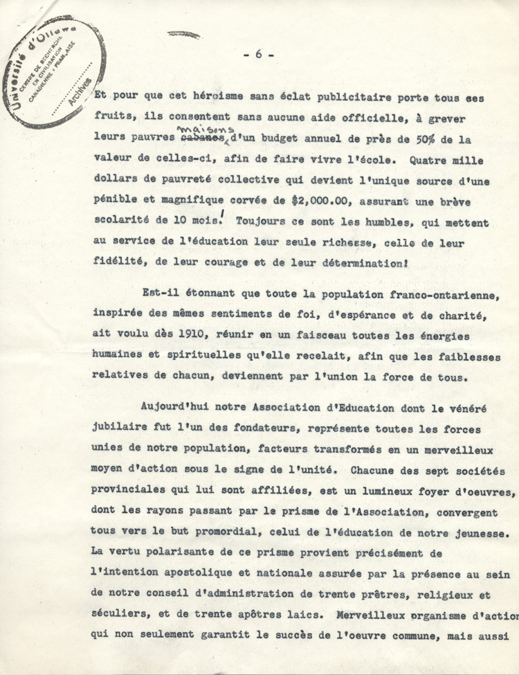 Reproduction de la sixi&egrave;me page de l'allocution de Gaston Vincent au 50e anniversaire d'ordination sacerdotale du cur&eacute; Oscar Racette de Verner (Ontario), le 23 mai 1955, 1955.