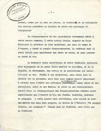 Reproduction de la septi&egrave;me page de l'allocution de Gaston Vincent au 50e anniversaire d'ordination sacerdotale du cur&eacute; Oscar Racette de Verner (Ontario), le 23 mai 1955, 1955.