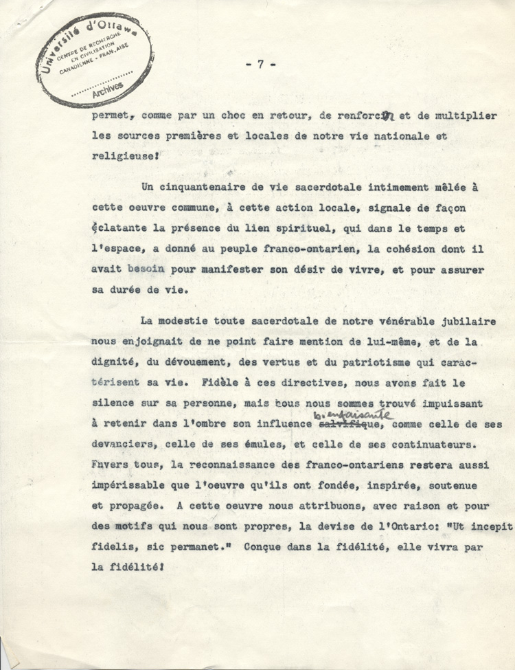 Reproduction de la septi&egrave;me page de l'allocution de Gaston Vincent au 50e anniversaire d'ordination sacerdotale du cur&eacute; Oscar Racette de Verner (Ontario), le 23 mai 1955, 1955.