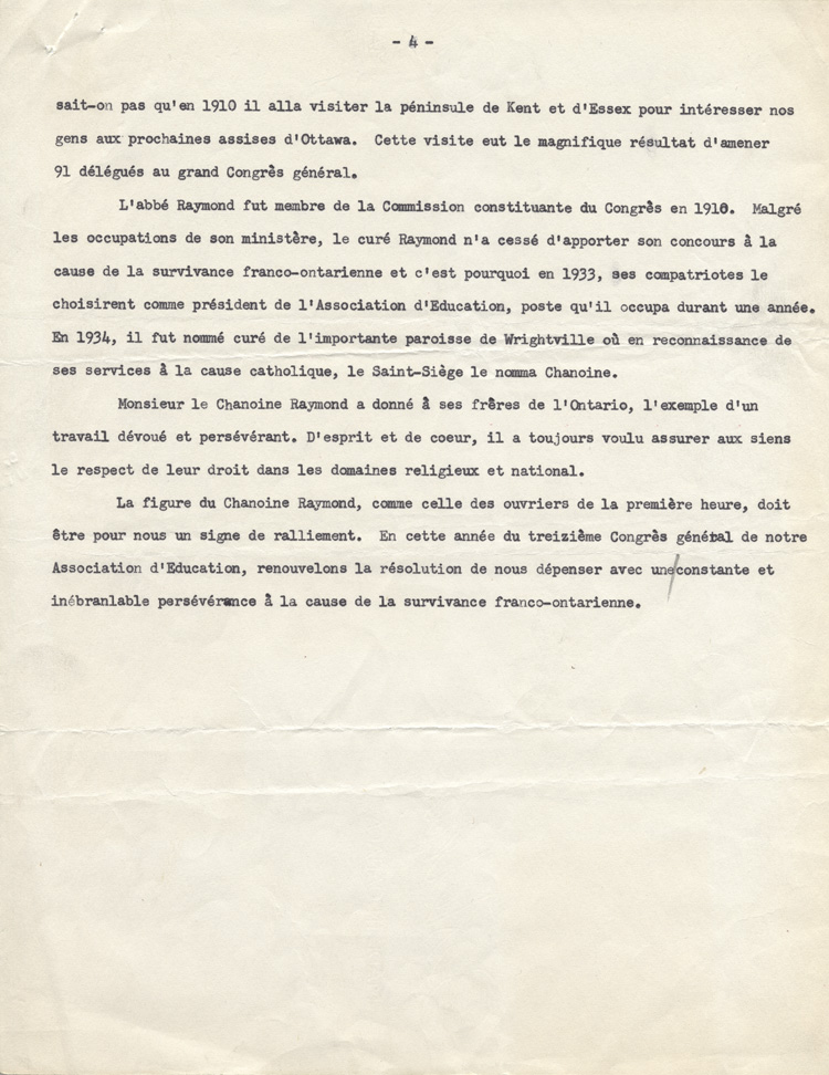Reproduction de la deuxi&egrave;me page du communiqu&eacute; de presse de l'Association canadienne-fran&ccedil;aise d'&eacute;ducation d'Ontario &agrave; l'occasion de la nomination de L&eacute;on-Calixte Raymond au titre de chanoine, 1936.