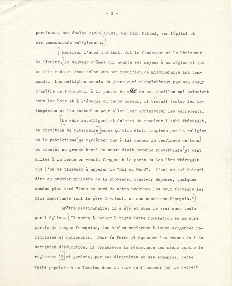 Reproduction de la deuxi&egrave;me page de l'allocution prononc&eacute;e lors de la remise, par l'Association canadienne-fran&ccedil;aise d'&eacute;ducation d'Ontario, de l'Ordre du m&eacute;rite scolaire franco-ontarien &agrave; l'abb&eacute; Charles-Eug&egrave;ne Th&eacute;riault, ca 1951.