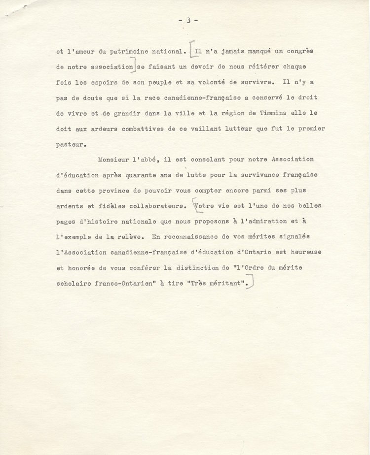 Reproduction de la troisi&egrave;me page de l'allocution prononc&eacute;e lors de la remise, par l'Association canadienne-fran&ccedil;aise d'&eacute;ducation d'Ontario, de l'Ordre du m&eacute;rite scolaire franco-ontarien &agrave; l'abb&eacute; Charles-Eug&egrave;ne Th&eacute;riault, ca 1951.