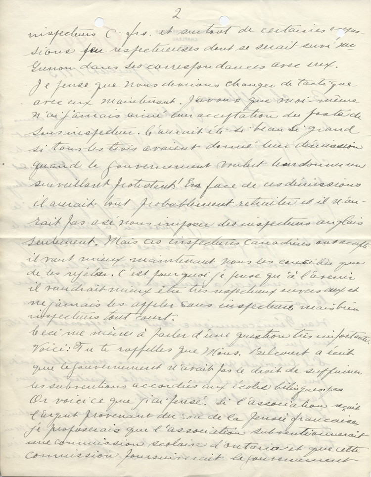 Reproduction de la deuxi&egrave;me page d'une lettre de Charles Charlebois, o.m.i., &agrave; Alphonse-T&eacute;lesphore Charron de l'Association canadienne-fran&ccedil;aise d'&eacute;ducation d'Ontario, 17 juillet 1913.