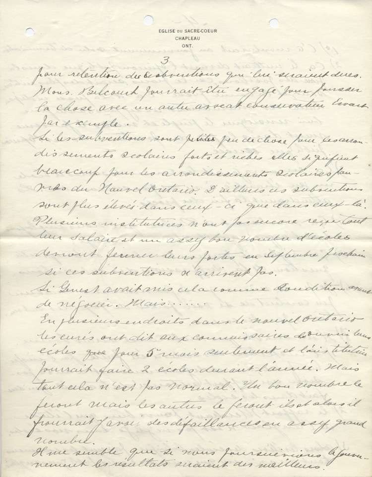Reproduction de la troisi&egrave;me page d'une lettre de Charles Charlebois, o.m.i., &agrave; Alphonse-T&eacute;lesphore Charron de l'Association canadienne-fran&ccedil;aise d'&eacute;ducation d'Ontario, 17 juillet 1913.