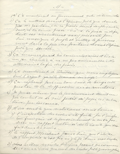 Reproduction de la quatri&egrave;me page d'une lettre de Charles Charlebois, o.m.i., &agrave; Alphonse-T&eacute;lesphore Charron de l'Association canadienne-fran&ccedil;aise d'&eacute;ducation d'Ontario, 17 juillet 1913.