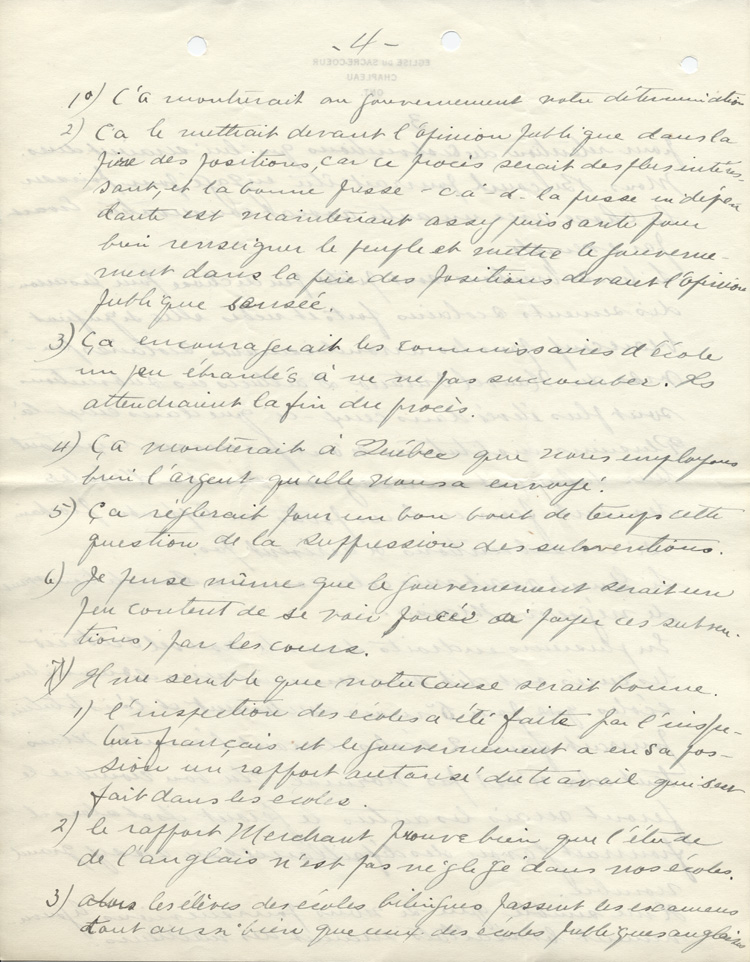 Reproduction de la quatri&egrave;me page d'une lettre de Charles Charlebois, o.m.i., &agrave; Alphonse-T&eacute;lesphore Charron de l'Association canadienne-fran&ccedil;aise d'&eacute;ducation d'Ontario, 17 juillet 1913.
