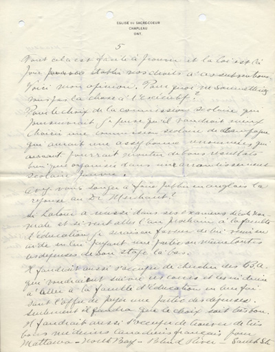 Reproduction de la cinqui&egrave;me page d'une lettre de Charles Charlebois, o.m.i., &agrave; Alphonse-T&eacute;lesphore Charron de l'Association canadienne-fran&ccedil;aise d'&eacute;ducation d'Ontario, 17 juillet 1913.