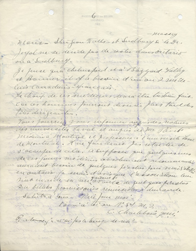 Reproduction de la sixi&egrave;me page d'une lettre de Charles Charlebois, o.m.i., &agrave; Alphonse-T&eacute;lesphore Charron de l'Association canadienne-fran&ccedil;aise d'&eacute;ducation d'Ontario, 17 juillet 1913.