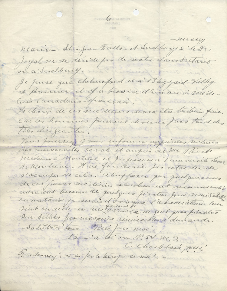 Reproduction de la sixi&egrave;me page d'une lettre de Charles Charlebois, o.m.i., &agrave; Alphonse-T&eacute;lesphore Charron de l'Association canadienne-fran&ccedil;aise d'&eacute;ducation d'Ontario, 17 juillet 1913.