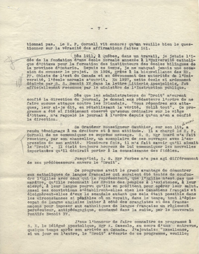 Reproduction de la septi&egrave;me page d'une lettre de Charles Charlebois, o.m.i., &agrave; Arthur Joyal, o.m.i., 20 mai 1930.