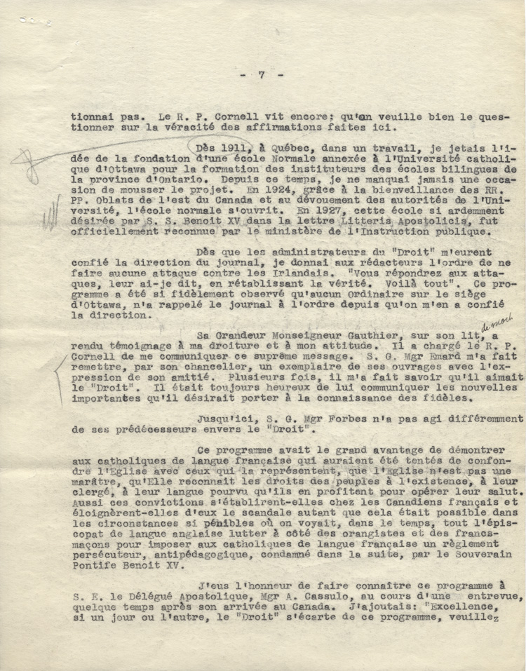 Reproduction de la septi&egrave;me page d'une lettre de Charles Charlebois, o.m.i., &agrave; Arthur Joyal, o.m.i., 20 mai 1930.