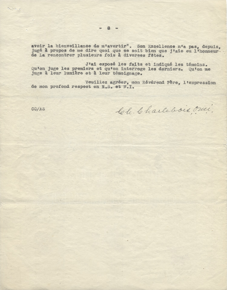 Reproduction de la huiti&egrave;me page d'une lettre de Charles Charlebois, o.m.i., &agrave; Arthur Joyal, o.m.i., 20 mai 1930.