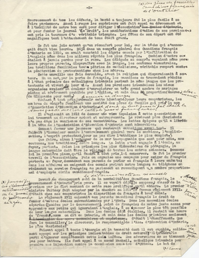 Reproduction de la deuxi&egrave;me page d'une allocution prononc&eacute;e lors du jubil&eacute; d'or de profession religieuse de Charles Charlebois, o.m.i., les 14 et 15 ao&ucirc;t 1940 au Scolasticat de l'Immacul&eacute;e-Conception, Sainte-Agathe-des-Monts, Qu&eacute;bec, 1940.