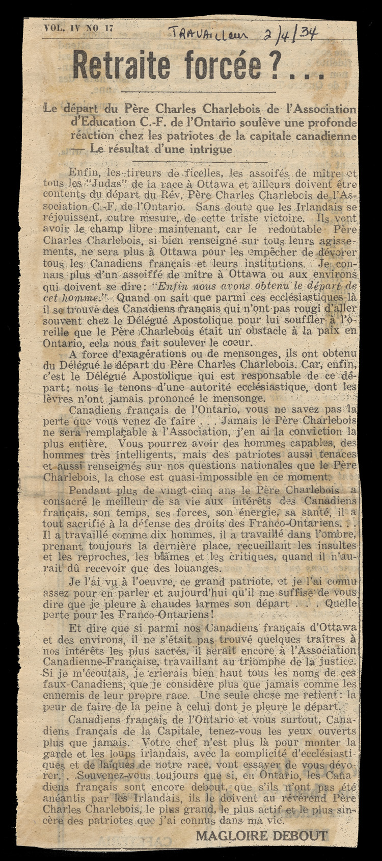 Reproduction d'un article de Magloire Debout paru dans Le Travailleur au sujet du d&eacute;part d'Ottawa de Charles Charlebois, o.m.i., 2 avril 1934.