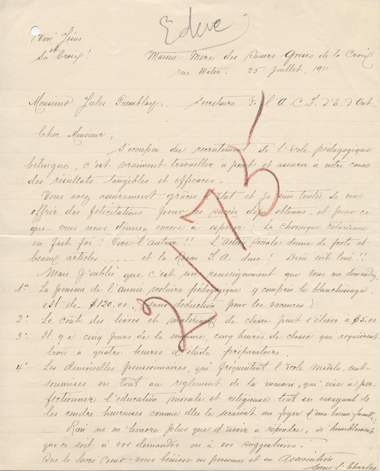 Reproduction d'une lettre de soeur Saint-Charles &agrave; Jules Tremblay, secr&eacute;taire de l'Association canadienne-fran&ccedil;aise d'&eacute;ducation d'Ontario, 25 juillet 1911.