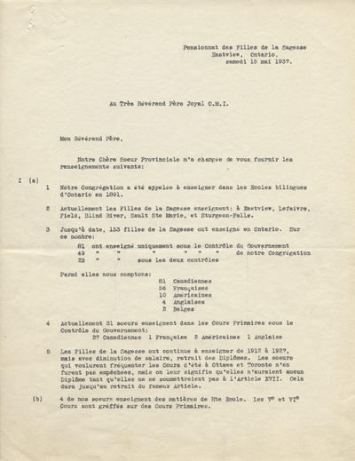 Reproduction de la premi&egrave;re page d'une lettre de soeur Agn&egrave;s du Sacr&eacute;-Coeur, d.f.l.s., &agrave; Arthur Joyal, o.m.i., chef du secr&eacute;tariat de l'Association canadienne-fran&ccedil;aise d'&eacute;ducation d'Ontario, 15 mai 1937.