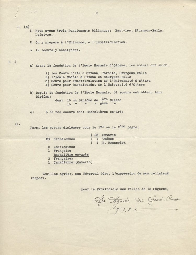 Reproduction de la deuxi&egrave;me page d'une lettre de soeur Agn&egrave;s du Sacr&eacute;-Coeur, d.f.l.s., &agrave; Arthur Joyal, o.m.i., chef du secr&eacute;tariat de l'Association canadienne-fran&ccedil;aise d'&eacute;ducation d'Ontario, 15 mai 1937.