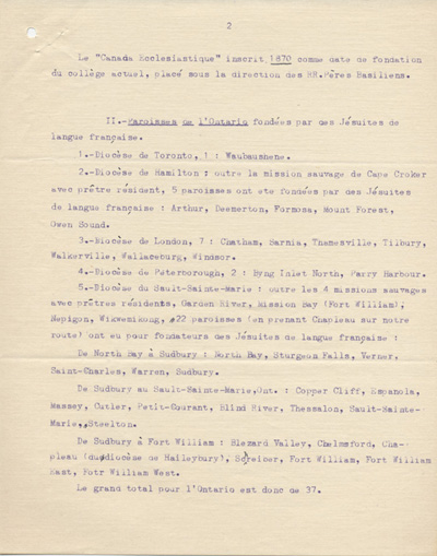Reproduction de la deuxi&egrave;me page d'un rapport sur le r&ocirc;le des J&eacute;suites en Ontario fran&ccedil;ais, adress&eacute; &agrave; l'Association canadienne-fran&ccedil;aise d'&eacute;ducation d'Ontario, [191-].