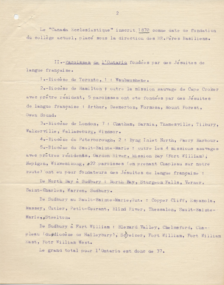 Reproduction de la deuxi&egrave;me page d'un rapport sur le r&ocirc;le des J&eacute;suites en Ontario fran&ccedil;ais, adress&eacute; &agrave; l'Association canadienne-fran&ccedil;aise d'&eacute;ducation d'Ontario, [191-].