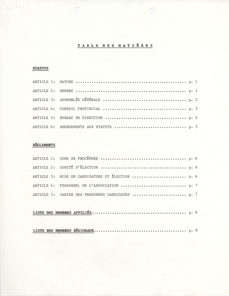 Statuts et règlements de l'ACFO (1984)