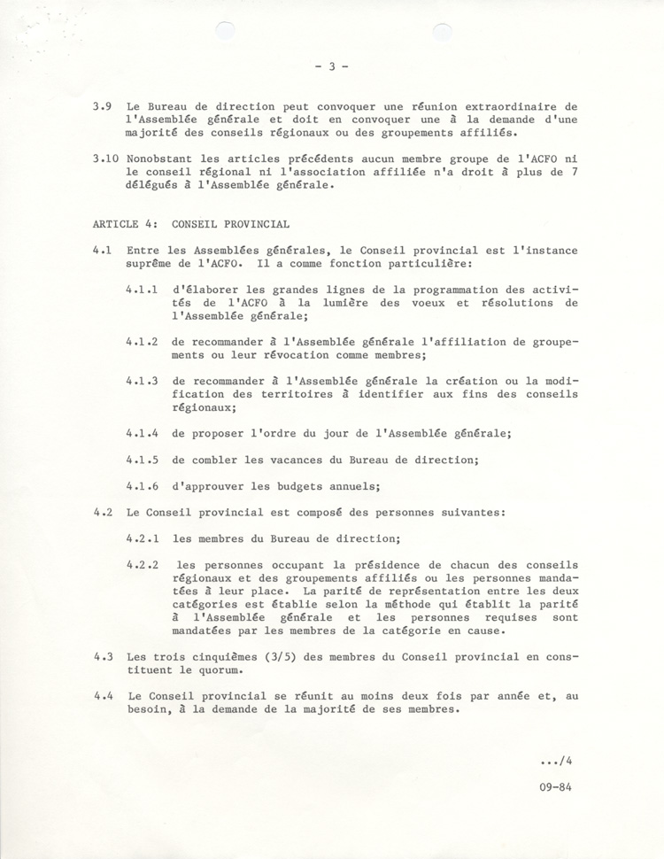 Statuts et r&egrave;glements de l'ACFO (1984)