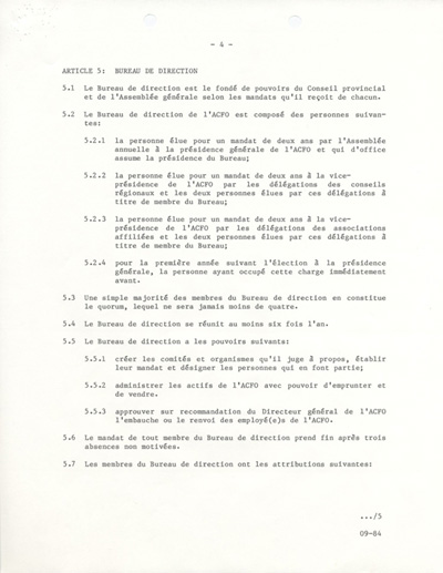 Statuts et r&egrave;glements de l'ACFO (1984)