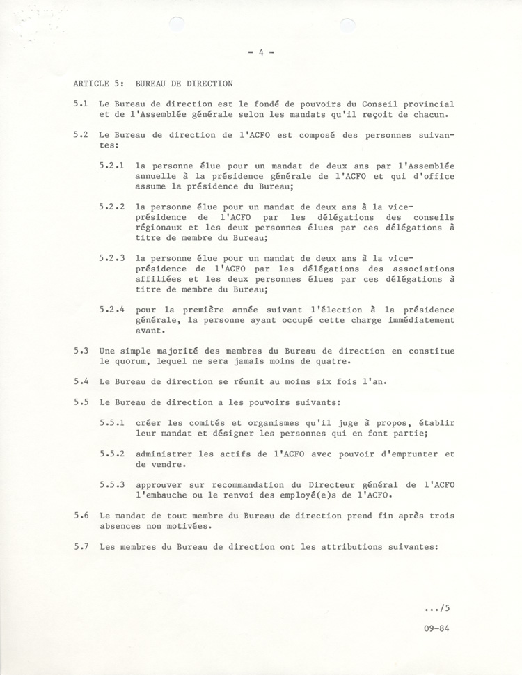 Statuts et r&egrave;glements de l'ACFO (1984)