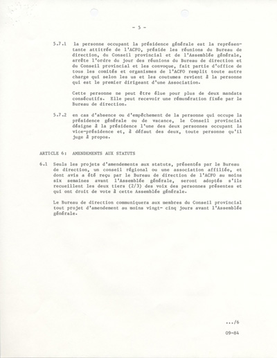 Statuts et r&egrave;glements de l'ACFO (1984)