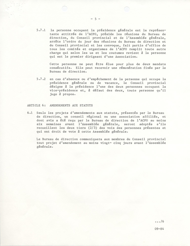 Statuts et règlements de l'ACFO (1984)
