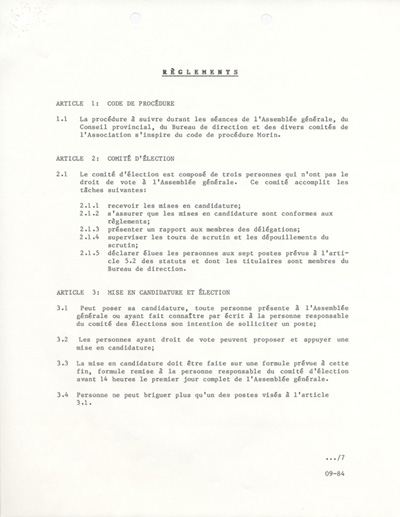 Statuts et r&egrave;glements de l'ACFO (1984)