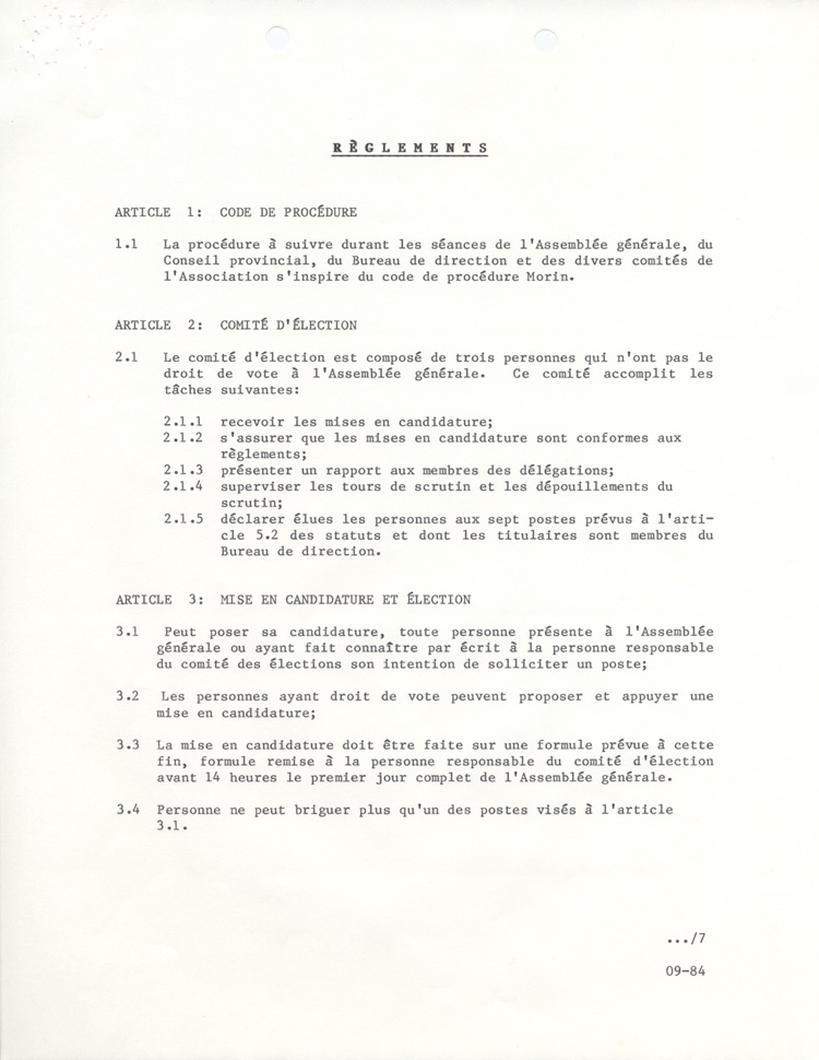 Statuts et r&egrave;glements de l'ACFO (1984)