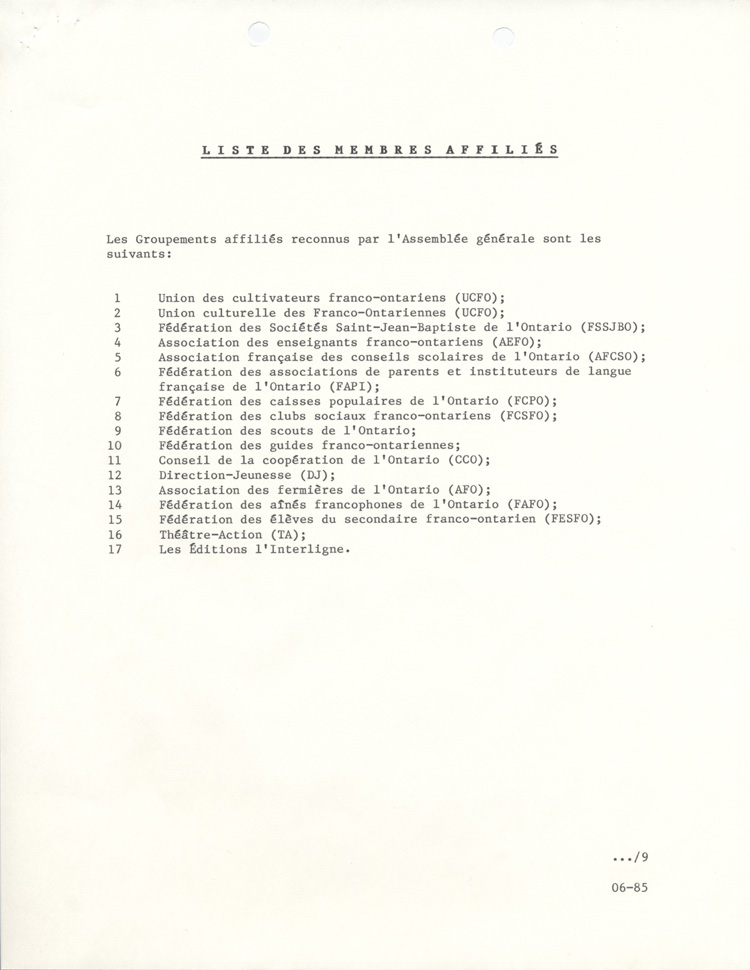 Statuts et r&egrave;glements de l'ACFO (1984)
