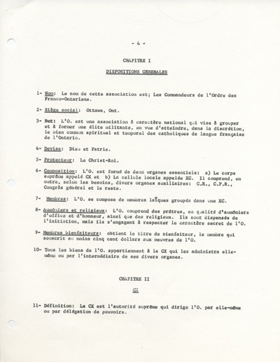 Statuts et r&egrave;glements des Commandeurs de l'Ordre des Franco-Ontariens (COFO), ca 1965.