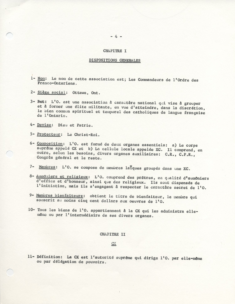 Statuts et r&egrave;glements des Commandeurs de l'Ordre des Franco-Ontariens (COFO), ca 1965.
